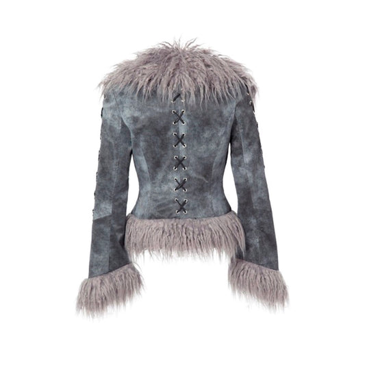 SUEDE FAUX FUR TIE TRIM JACKET