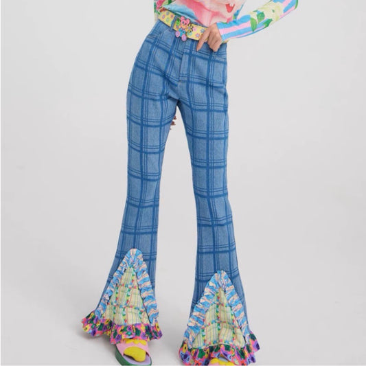 Y2K FLORAL TRIM CHECK TROUSERS