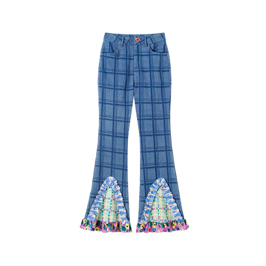 Y2K FLORAL TRIM CHECK TROUSERS