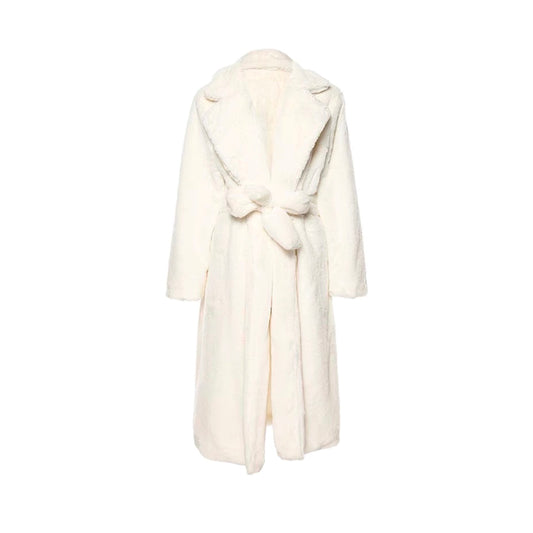 FAUX FUR BELTED  COAT WHITE