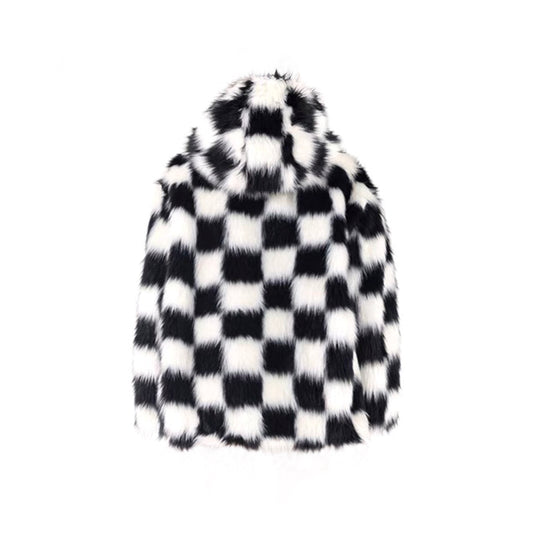 CHECKERBOARD FAUX FUR COAT