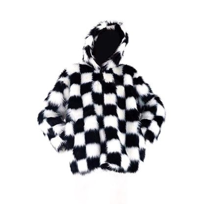 CHECKERBOARD FAUX FUR COAT